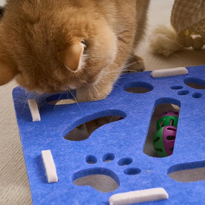 Interactive Cat Puzzle Feeder Toy - Felt Maze Box with 3 Jingle Balls for Indoor Cats, Kittens to Adults - Mental Stimulation, Slow Feeding & Fun Exercise Encourages Natural Hunting Instincts