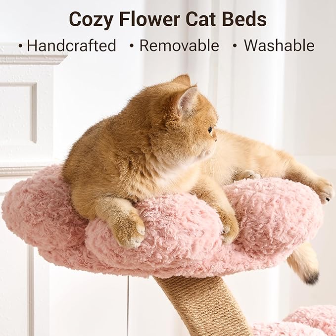 Aesthetic Flower Cat Tree Tower with Scratching Post for Indoor Cats, 37" H Modern Cat Tree with Wood Sculpted Branch, Flower Cat Beds, Mushroom Scratcher & Interactive Squeaky Toy, Pink