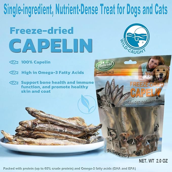 Freeze-Dried Whole Capelin Fish Dog & Cat Treats Single-Ingredient, Protein-Packed Snack Low-Calorie, Grain-Free, Ideal for Sensitive Pets (2 Ounce, Capelin)