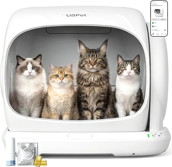UBPET Automatic Litter Box, 106L Extra Large Self-Cleaning Cat Litter Box for Multiple Cats, Smart App Control, Odor-Control System, Anti-Pinch Safety Design, Includes Waste Bags and Deodorizer Blocks