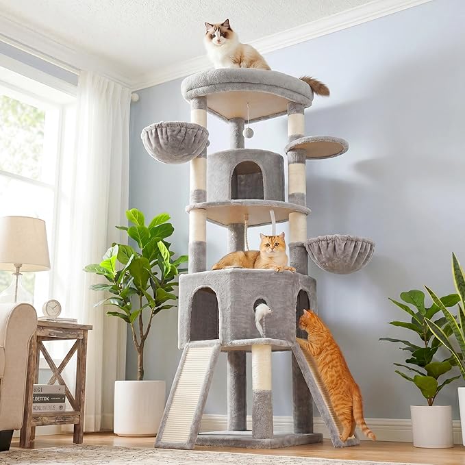Cat Tree, 73-Inch Sturdy Corner Cat Tower with Wide Top Perch, Cat Furniture with 2 Spacious Condos, 2 Cozy Baskets, 2 Scratching Boards & Interactive Toy for Large Cat, Light Grey VCT021W