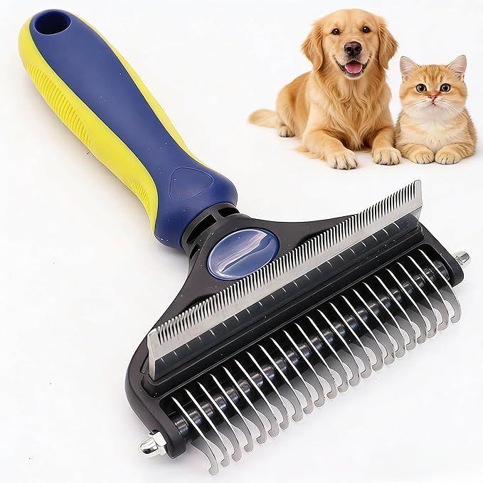 2-in-1 Cat Brush for Shedding - Double-Sided Undercoat Rake for Long Haired Cats - Professional Dematting Tool for Dense Double-Coats - Gentle Deshedding Brush for Kittens, Blue