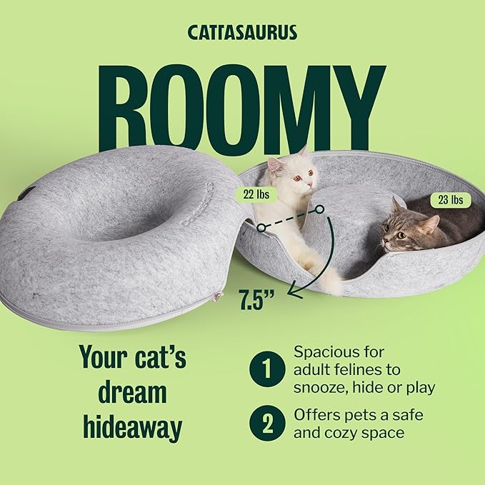 Cattasaurus Peekaboo Cat Cave Donut for Multiple & Large Cats up to 30-45 lbs, 3-in-1 Self Warming Cat Bed, Tunnel & Scratcher for Indoor Cats, Washable & Detachable Small Dog Bed (Light Gray, Large)