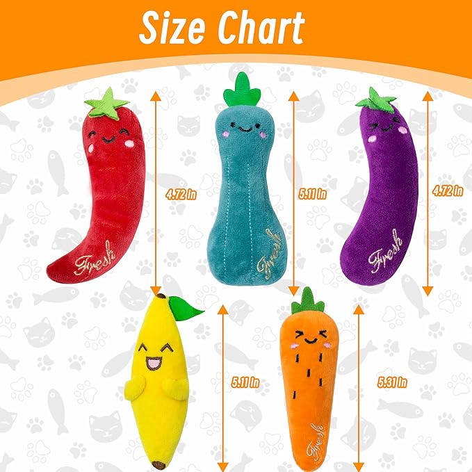 Seyezo Catnip Toys for Indoor Cats, 5 Pack Cat Toys for Cats, Fluffy Catnip Toys for Chewing Playing, Interactive Kitten Toys, Catnip Filled Kitty Chew Teething Toys, Cat Chew Toys, Vegetable,5 pcs