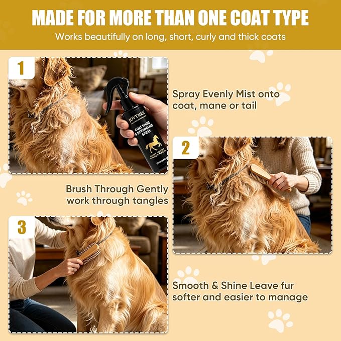 Dog Detangler Spray for Dogs & Horses, 6.76 Oz Mane and Tail Leave-in Conditioner for Long Coats, Helps Loosen Knots, Tangles & Mats, Smooths Frizz, Adds Shine, Fruit Scent
