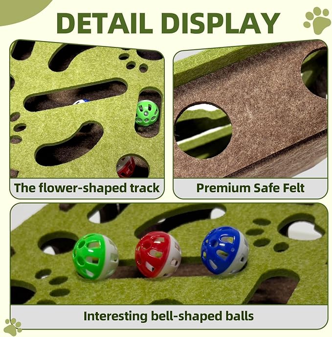 Interactive Soft Felt Cat Puzzle Toy with Ball and Bell，cat Nail File Enrichment Box，Cat Toy Box for Indoor Cats and Kittens，Indoor Hunting Play Toy (Green)