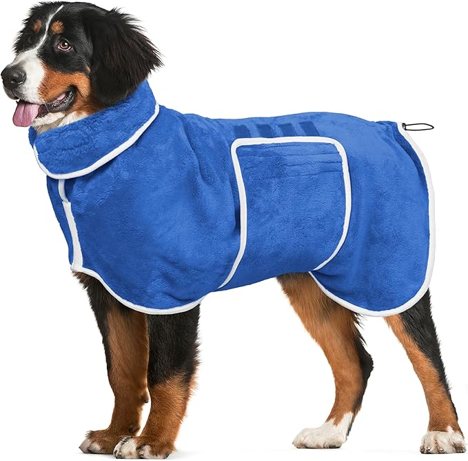 Dog Bathrobe Towel Dog Drying Coat - Super Absorbent Towels Bath Robe for Dogs Large, Soft Adjustable Collar & Belly Strap Fast Drying Coat Pet Cat Bath Robe (Medium Blue‌, Small)