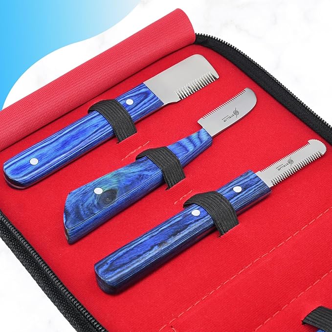 Dog Grooming Stripping Knife Set – 6-Piece Stainless Steel Hand Stripping Tools with Wooden Handles – Coarse, Medium, Fine & Extra-Fine Knives for Dogs, Cats & Wire-Coated Pets (Blue)