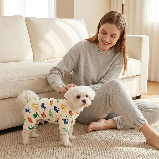 Dog Pajamas Polyester Dog Pajama Cozy Dog Pjs Soft Dog Onesie Pajamas for Dogs Stretchy Dog Pajamas Dog Clothes with Dinosaur Pattern, X-Large