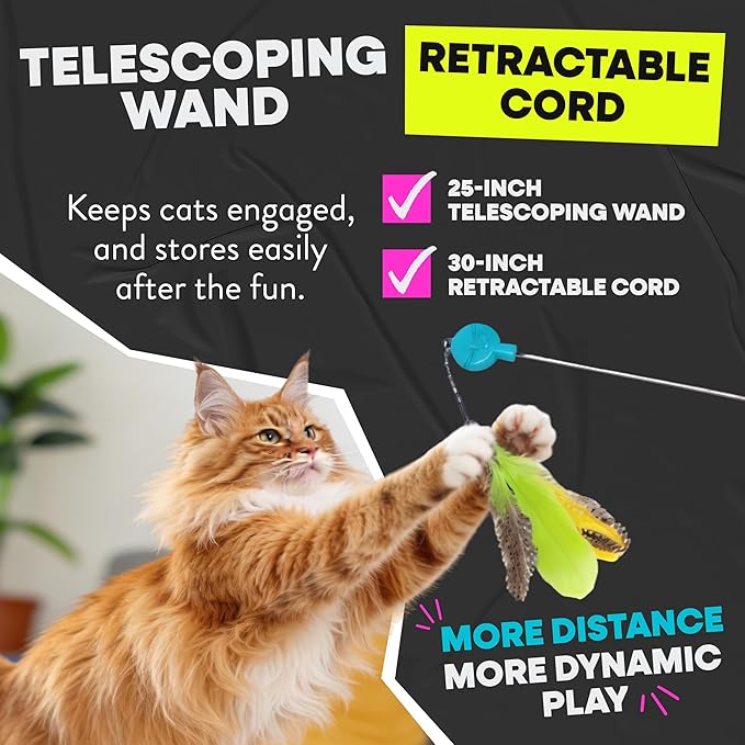 Jackson Galaxy Gotcha! Cat Wand Toy - Retractable Cat Toy for Engaging Play - Telescoping Wand with Natural Feathers for Indoor Cats - Foundational Tool for Cat Wellness and Interactive Bonding Play