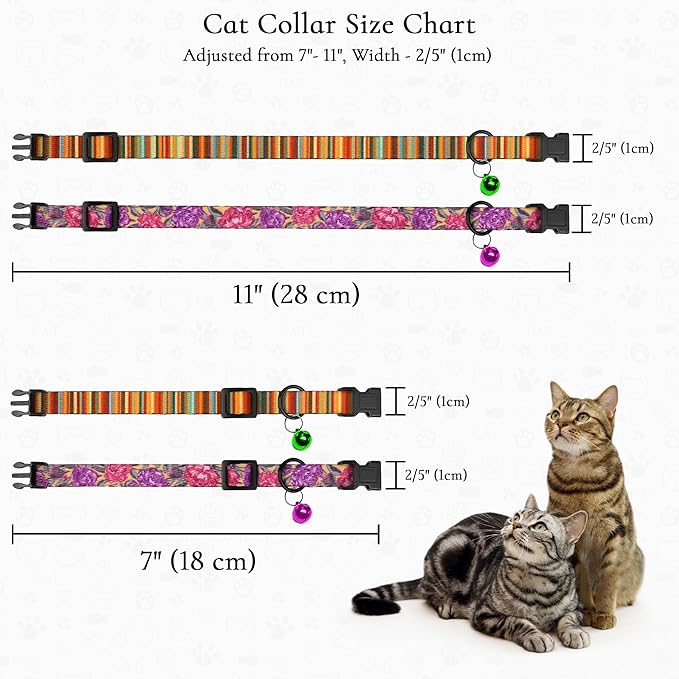 2 Pack Cat Collars with Bell - Breakaway Soft Collar for Girl & Boy Cats, Adjustable Safety Cute Kitten Collars – Comfortable Stylish Patterned Print Design Lightweight (Colorful + Flowers)
