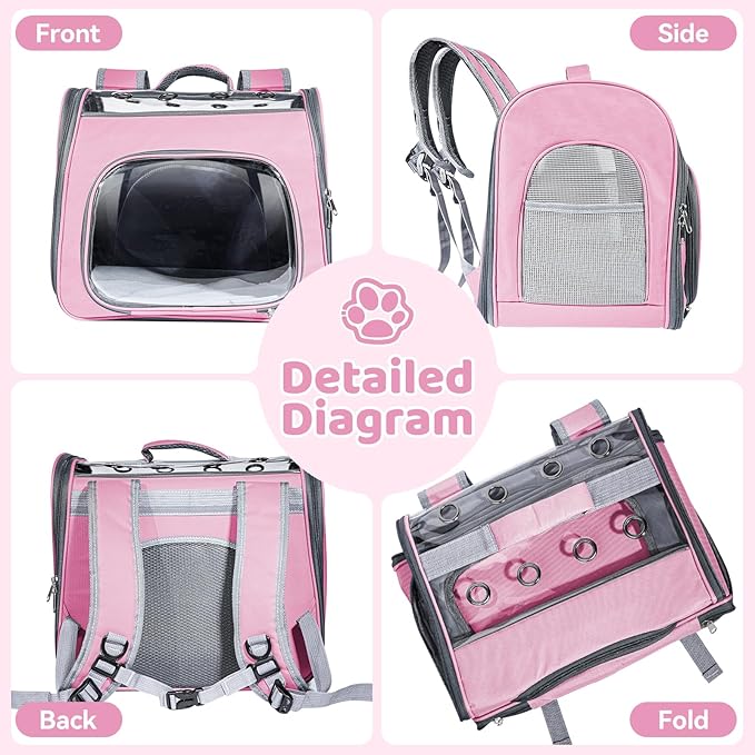 Innovative Traveler Backpack Pet Carriers Cat Backpack with Breathable Mesh Puppy Travel Carrier with Soft Padded Reinforced Support Foldable Small Dog Carrying Backpack for Kitty up to 15lbs (Pink)