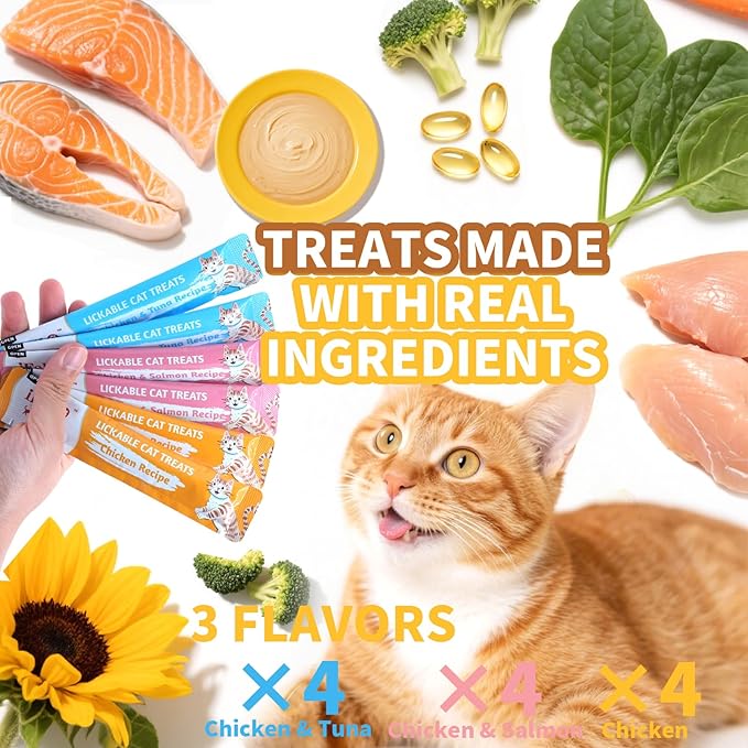 High-Meat High-Moisture Lickable Cat Treats Variety Pack – Real Chicken & Seafood – Silky Creamy Purée – Grain-Free (15g Each | 12 Tubes)