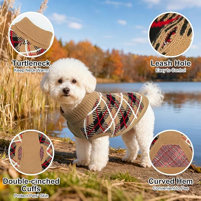 BEAUTYZOO Dog Sweater for Large Dogs, Fleece Dog Knitted Pullover Sweater for Girls Boys, Fall Winter Warm Soft Turtleneck Puppy Clothes Apparel, Cold Weather Knitwear with Leash Hole, Beige L