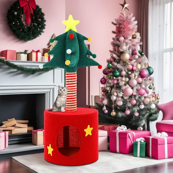 Christmas Cat Tree Tower with Sisal Scratching Post Scratcher and Gift Box Christmas Cat House Condo Bed 33 Inch for Indoor Kittens to Play and Sleep Xmas Holiday Decoration