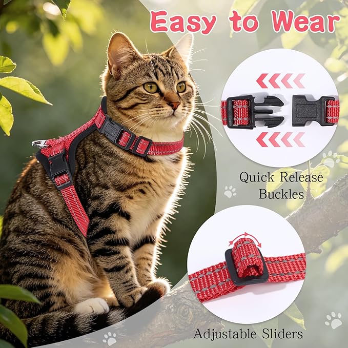 Cat Harness and Leash Set for Walking,Adjustable Escape Proof Kitten Harness and Leash with Reflective Strips,Easy to Wear Soft Breathable Harness for Cats Puppy Bunny Dogs Red
