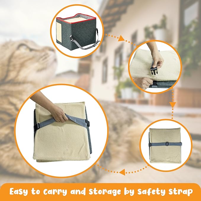 Cat Houses for Indoor Cat, Large 2-Sided Reversible Cushion Cat Condo with Safety Strap, Foldable Cat Hideway with Sisal Scratch Pad, All Seasons Pet Bed for Multi Cats,Dark Grey