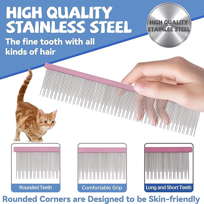 8.5 Inch Dual Tooth Pet Comb for Mats and Tangles，Professional Grooming Comb Removing Excess Hair for Long-Haired Cats and Dog Kit,Prevent Undercoat, Excess Hair,Mats and Tangles,Pet Essential