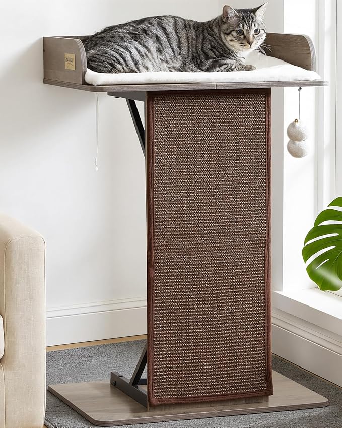 Modern Wood Cat Tree Tower for Indoor Large Cats, 33.8-Inch Tall Wooden Cat Trees with Big Perch Bed, Cat Scratching Pads, Washable Removable Cushions Scratching Mat, Cat Furniture, Greigy