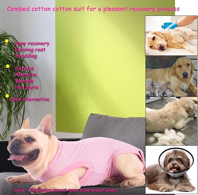 Dog Recovery Suit Pink Female Spay Surgical Large Shirt, Male Surgery Recovery Suit,Pink-White Striped XL