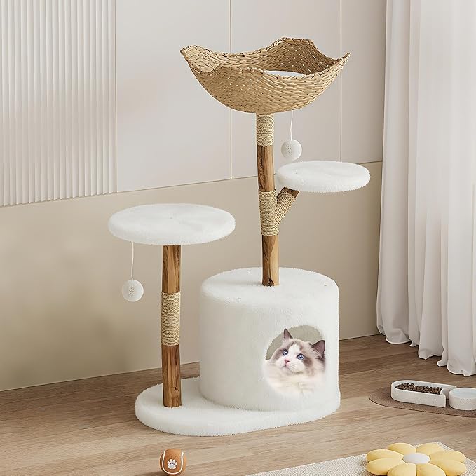 GAOMON 46" Modern Cat Tree for Large Cats, Real Solid Wood Branch Luxury Cat Condo with Scratching Post and Cat Bed, Boho Aesthetic Luxury Pet Furniture
