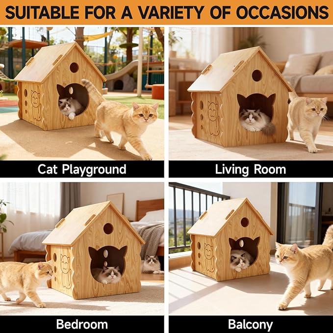 Pinewood Cat House,Habitat for Small Animals,Shelter for Wild Cats,Suitable for Indoor Kittens, Chickens and Dog with Air Vents Warm Cat Cave,Durable, Weather-Resistant, DIY Paintable,Easy to Install