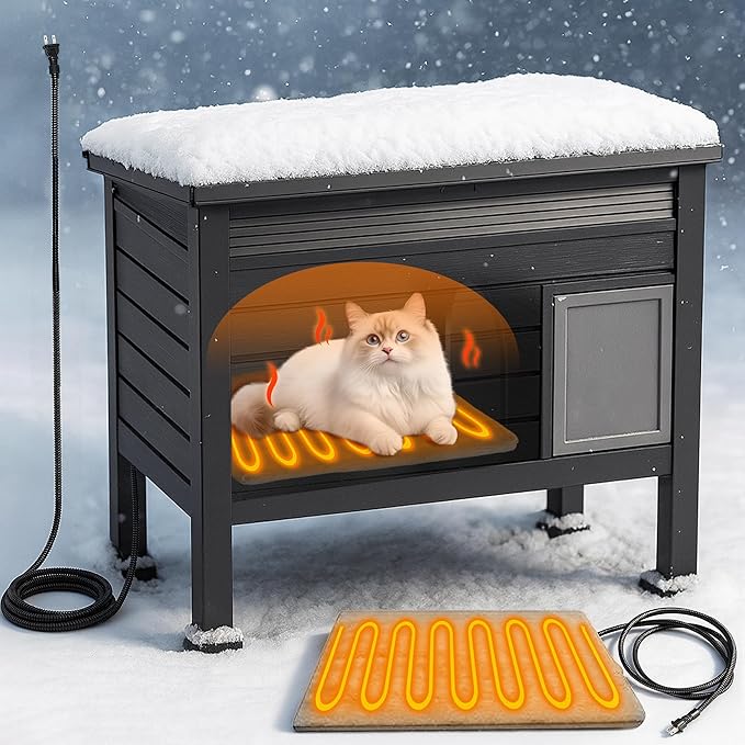 Outdoor Heated Cat House for Outside, Insulated Cat House Outdoor Weatherproof with Heated Pad & Air Rods for Winter, Large Outside Cat Shelter with Raised Floor & Ground Spike for Feral Cats, Black