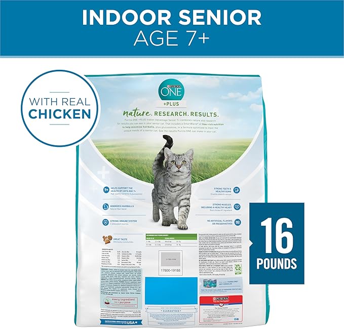 Purina ONE High Protein, Natural Senior Dry Cat Food, Indoor Advantage Senior+ - 16 lb. Bag