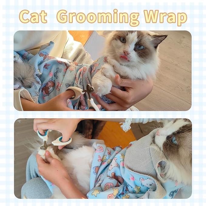 Cat Wrap for Cutting Nails Gentle Wrapped Cat Swaddle Cat Grooming Wrap Comfortable Wrap Prevents Cat Resistance Cat Burrito Wrap Cat Grooming Supplies for Nail Trimming(22x22in)