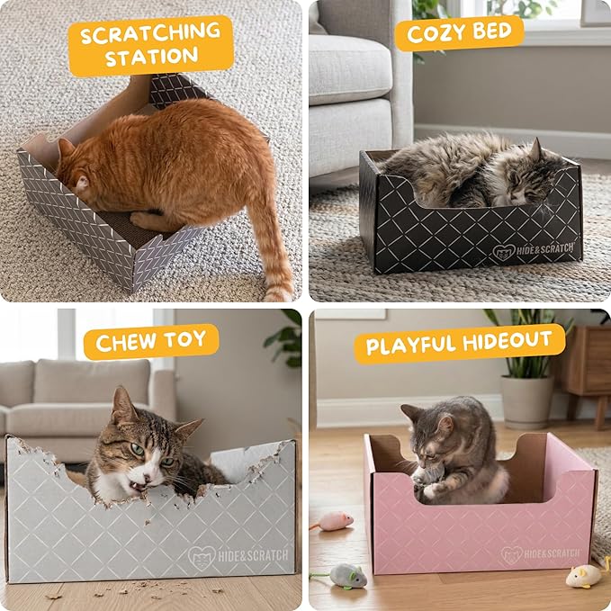 Hide & Scratch Cardboard Cat Scratcher Box & Bed - Dark Grey Diamond | Double-Sided Corrugated Pad for Indoor Cats | Refillable Scratching Board Toy for Play & Furniture Protection