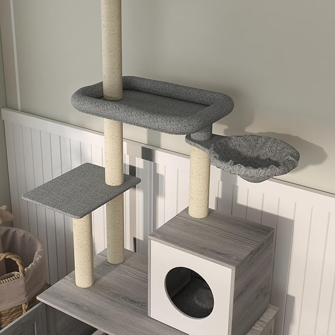 PawHut Cat Tree with Litter Box Enclosure, 2 in 1 Floor to Ceiling Cat Tower Furniture for Indoor Use, Includes Condo, Bed, Hammock, Scratching Posts, and Multiple Platforms, Gray