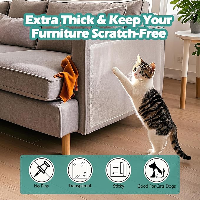 Cat & Dog Scratch Protector 12-Pack (12"x16"/30x40cm) - Clear Self-Adhesive Furniture Tape, Cut to Fit,No Residue Removable Couch Guard for Sofa Door Walls