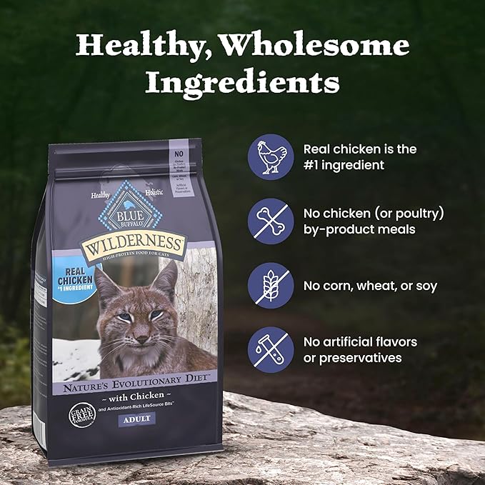 Blue Buffalo Wilderness High Protein Grain Free Dry Food for Adult Cats, 40% Protein, with Chicken, 15 lb. Bag