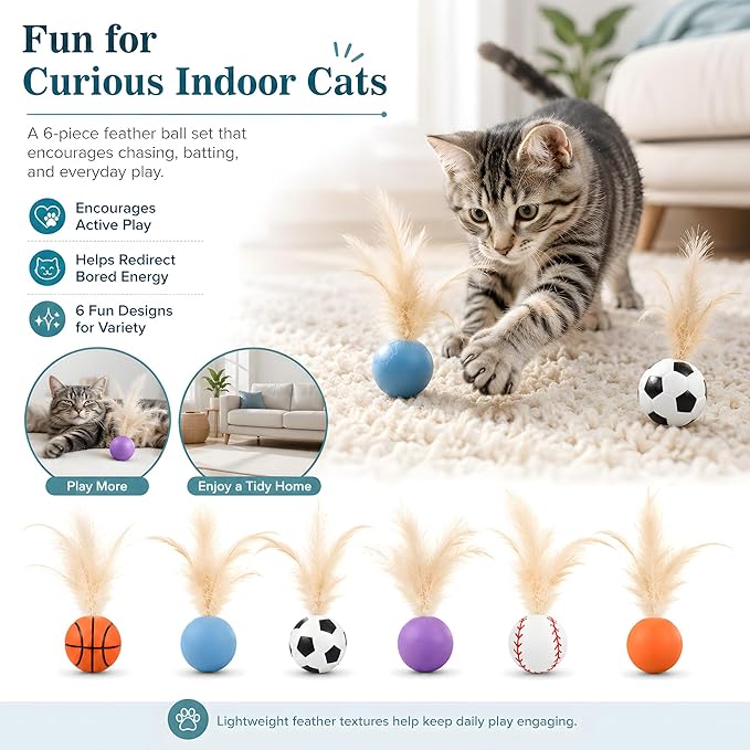 Bouncy Cat Feather Ball Toys – 6 Pack Interactive Silicone Bouncing Balls for Indoor Cats & Kittens, Durable Active Play Toy