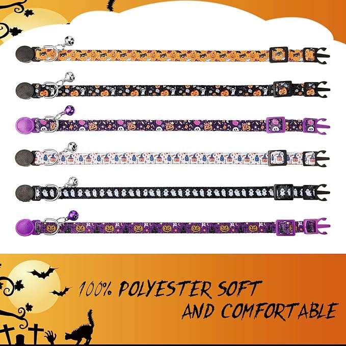 Weewooday 6 Pcs Halloween Cat Collar, Breakaway Cat Collars with Bell, Safety Buckle Soft Adjustable Halloween Pet Collar with Pumpkin Ghost Patterns for Kitten Kitty Male Female Pet