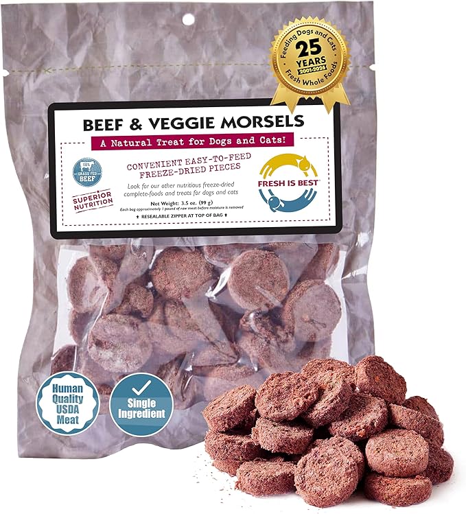 Fresh Is Best Beef & Veggie Morsels Freeze Dried Dog Treats – Raw Freeze Dried Dog Food for Cats & Canines – Training Treat in Resealable Zipper Bag – Grass-fed & Finished Beef Made in the USA