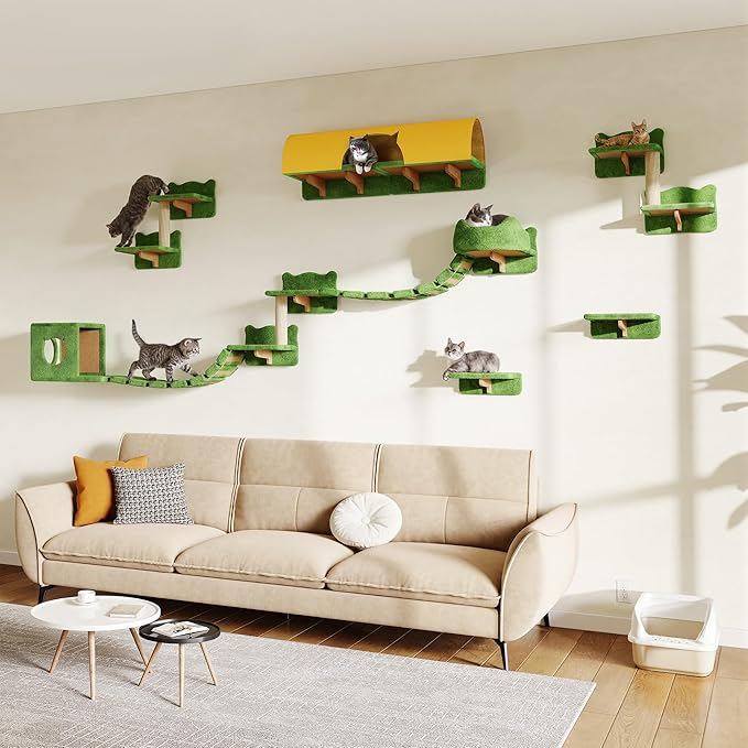 Cat Wall Shelves, Wall Mounted Cat Shelf Furniture with Plush Fabric(16 Piece Set), Cats Furniture with 40''L Tunnel, Condos, House, Steps, Bridge Ladder and Scratching Post, Green