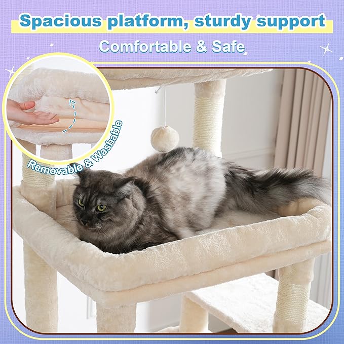 Hey-brother Cat Tree Tower, Scratching Posts with Extra Large Platform and Basket, Specious Condo, 2 Cozy Hammocks, Scratch Board for Indoor Adult Cats, Maine Coon 71.7 inches, Beige MPJ080M