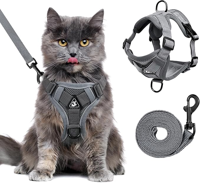 Escape Proof Cat Harness and Leash Set for All Types of Cats - Adjustable Reflective Soft Mesh Vest with 4 Buckles, Breathable Walking Harness for Kittens to XL Cats