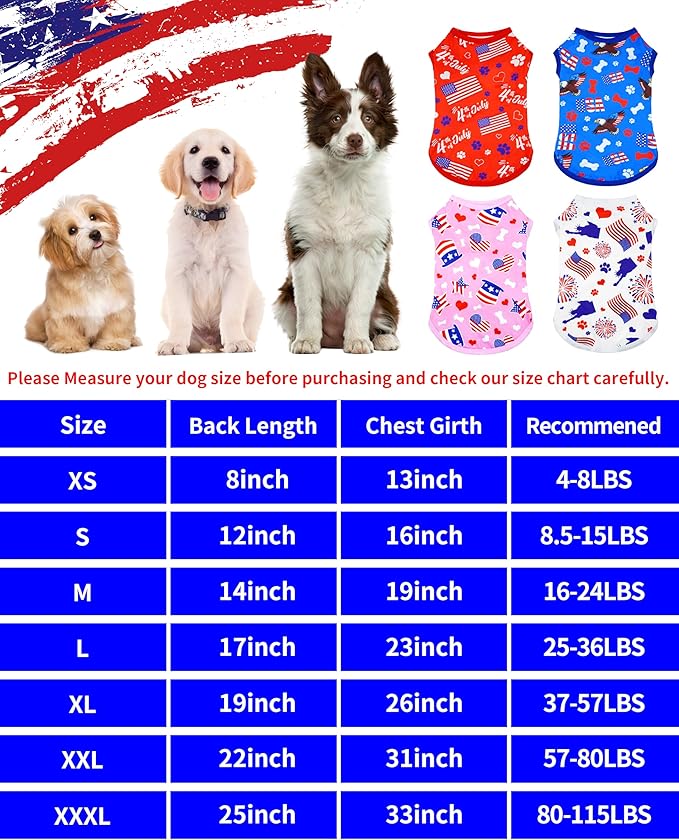 PET SHOW 4 Pack 4th of July Dog Clothes for Large Dogs Patriotic Shirts Stripes Stars Vest American Flag T-Shirts for Independence Day Holiday Party Pets Tank Top Boy Girl(XX-Large)
