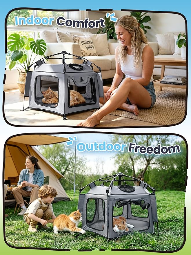 Medium Cat Catio Outdoor Cat Enclosure, 35.4" Pop-Up Catio for 1 Cat, Portable Cat Playpen Indoor Outdoor, Lightweight Travel Cat Tent with Sunshade, Foldable Cat Kennel for Balcony Camping