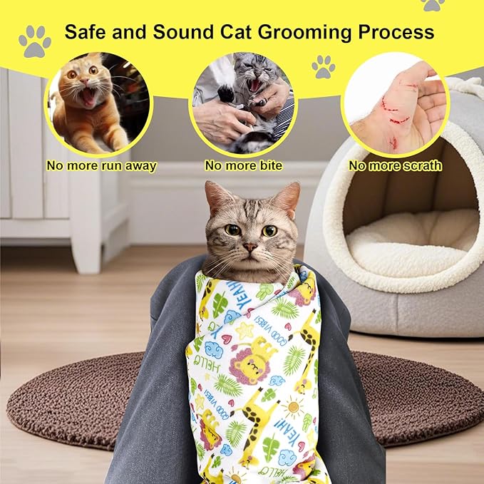 Cat Wrap for Cutting Nails and Grooming,Cat Restraint Wrap for Nail Clipping,Self-Adhesive Fabric Cat Swaddle Burrito Wrap for Nail Trimming (Giraffe Lion Style)