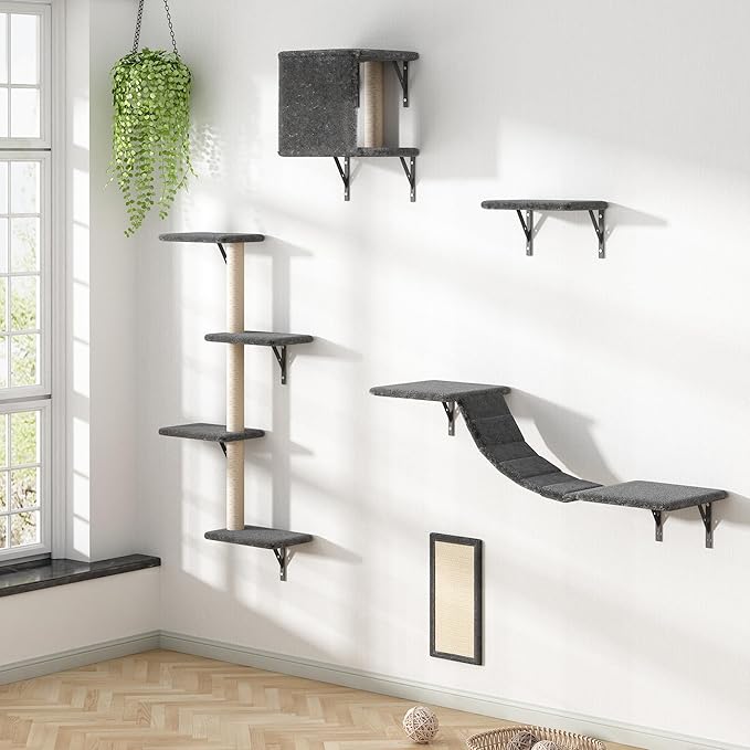 Wall Mounted Cat Furniture Set - 5 Piece Cat Shelves with Tree, Perch, Scratcher, Bridge & Condo - Gray