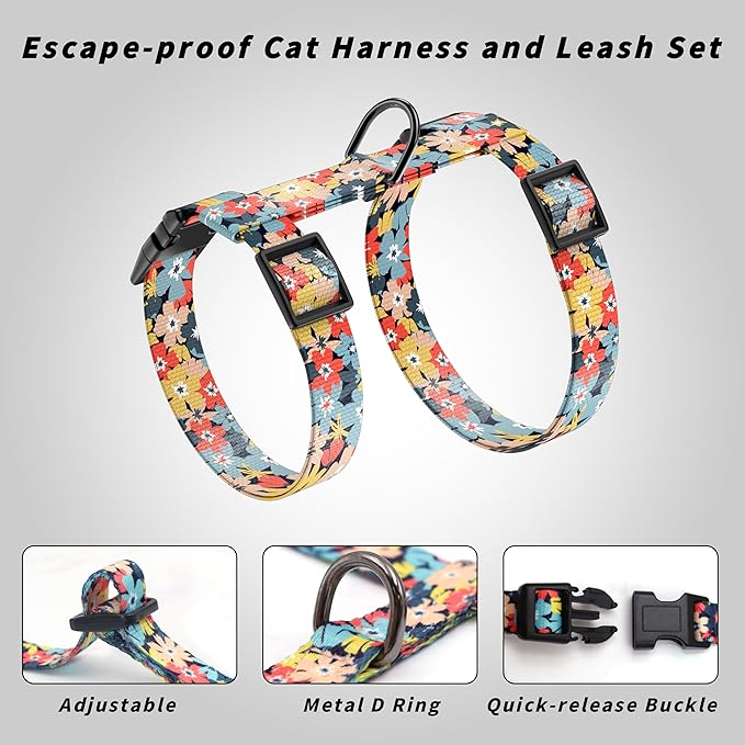 Seyezo Cat Harness and Leash Set, Adjustable Kitten Harness Escape Proof Cats Harness, Soft Lightweight Walking Travel Pet Harness, Cute Kitty Harness Leash Set for Small Medium Cats, Multi-Floral