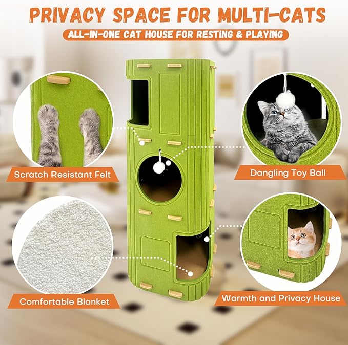 Homegroove Cat House for Indoor Cats, 3-Storey Cozy Felt Cat Bed Cave with Tunnel Hideaway, Large Multi-Cat Condo for Rest & Play (Green, X Large)