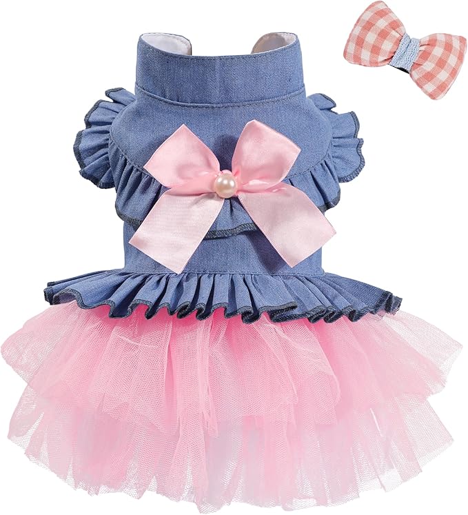 Dog Dress, Fashion Puppy Tutu Princess Dresses for Small Dogs Girl, Sweet Skirt with Dog Bowknot Clips, Spring Dog Cat Clothes Pet Apparel (Denim Princess Dress, Small)