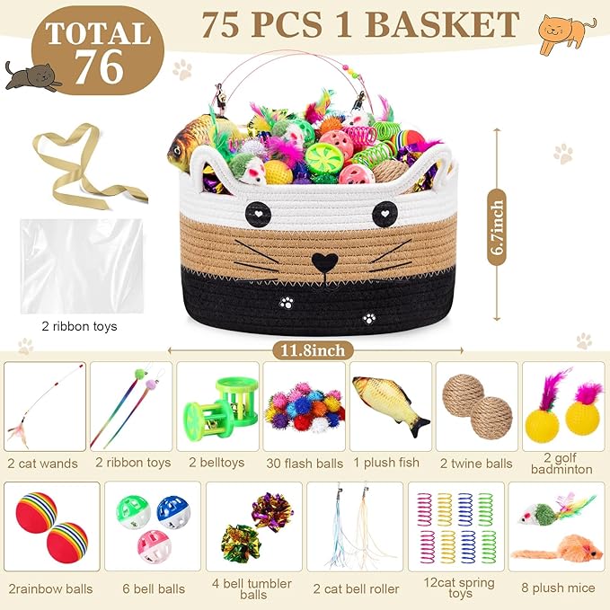 Zopeal 76 Pcs Graduation Cat Storage Basket Gift Toys Set Interactive Cat Toys Kitten Wand Colorful Flashing Balls Pet Crinkle Balls Attract Kitten to Swat, Hunt for Pet Indoor(White,Coffee,Black)