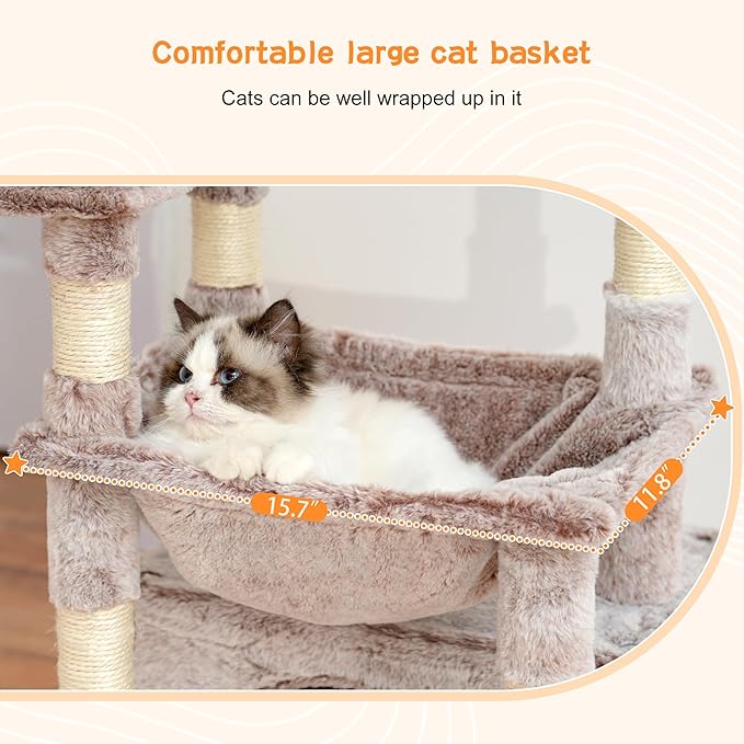 Heybly Cat Tree, Kitten Tower with Large Soft Cat Basket,Cat Condo with Spacious Cat Bed Cave with Hidden Space，Sisal-Covered Scratching Posts,Dangling Ball for Indoor Cats, Muchroom HCT008SMU