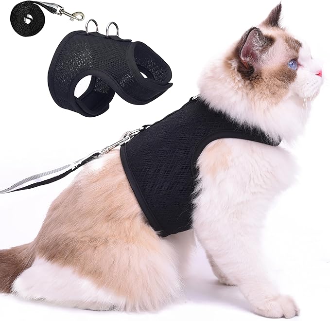 Kitty Harness and Leash for Walking Escape Proof Breathable Mesh Fabric, Solid Black, X-Small, Adjustable Cat Walking Jackets, Padded Stylish Cat Vest