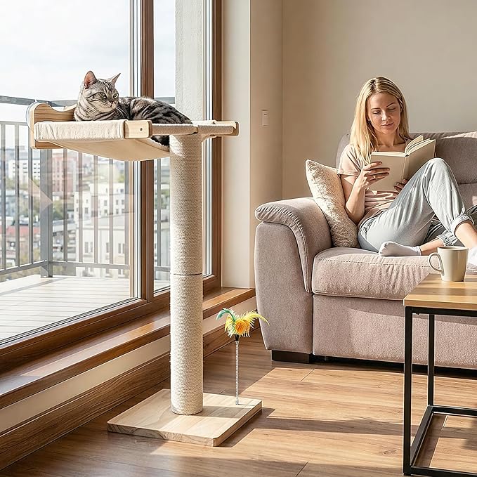 Keaber Cat Scratching Post with Window Perch, 44 Inch Adjustable Tall Sisal Rope Scratching Post for Large Cats, Suction Cup Cat Window Hammock Perch for Bird Watching, Climbing, Sleeping, Beige